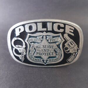 Vintage Great American Buckle Co Police Serve & Protect Belt Buckle 1988 Pewter